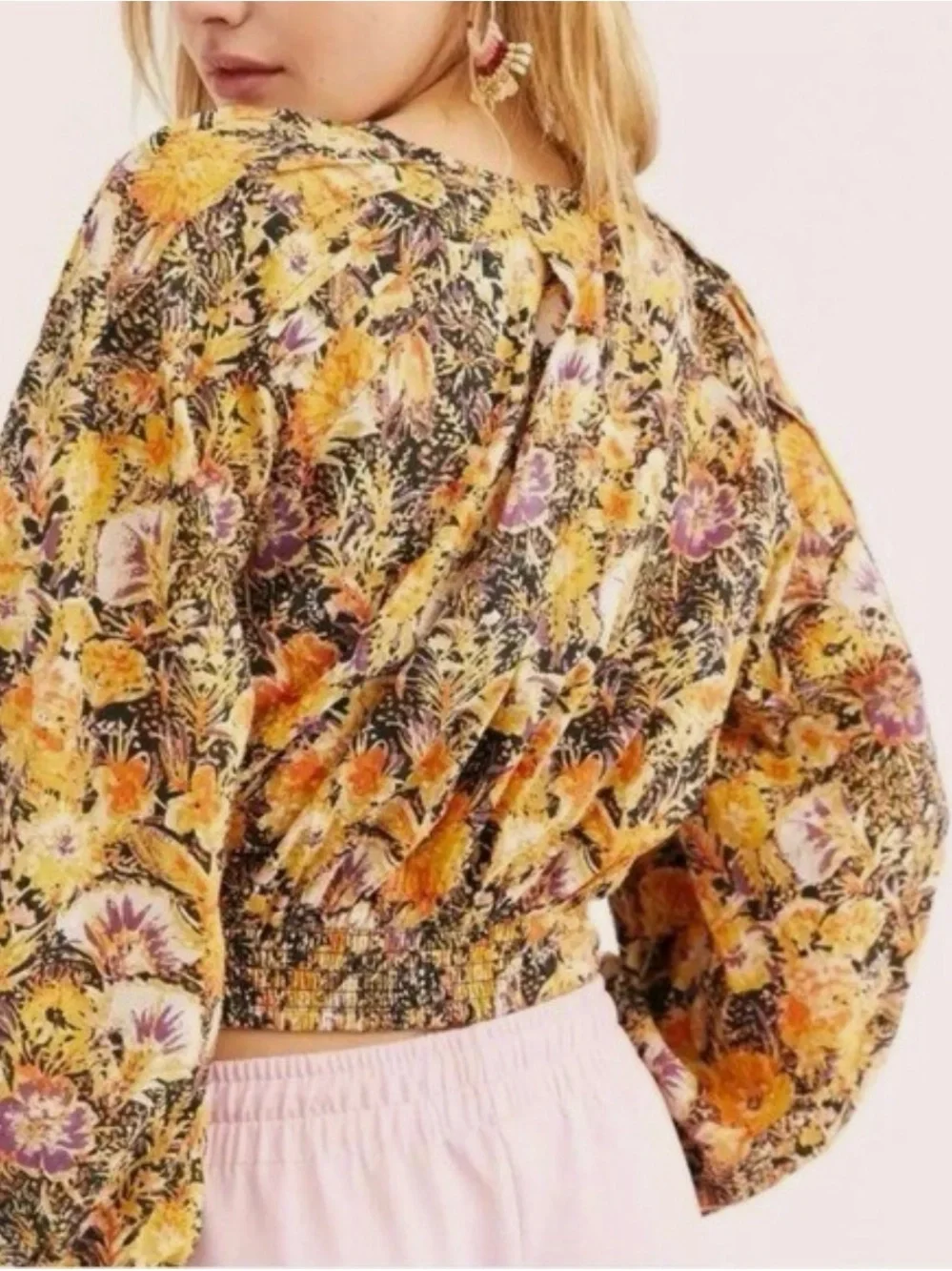 Free People Floral Tie-Front Blouse in Mustard and Purple